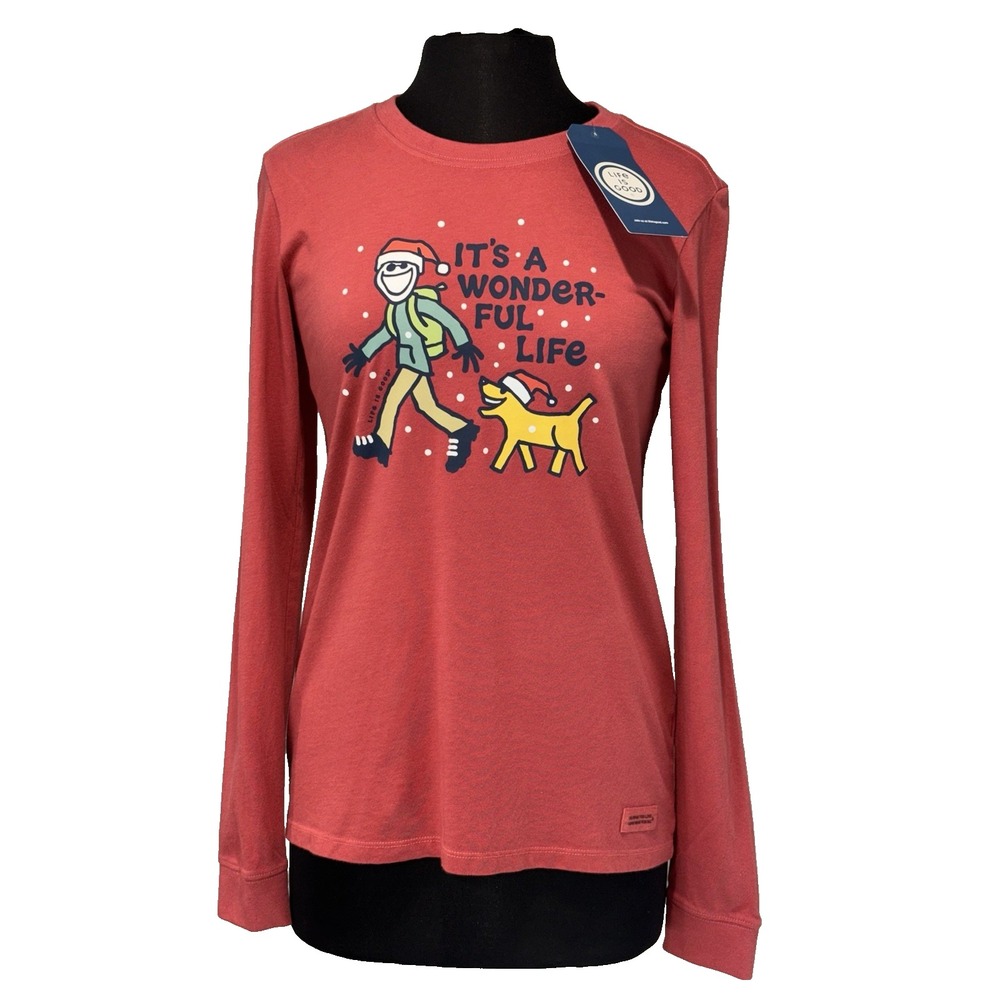 NEW Life is Good It's A Wonderful Life Crusher T Small Red Long Sleeve Christmas